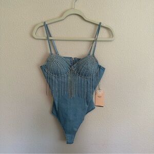 Denim body suit with diamond fringe with build in bra size medium